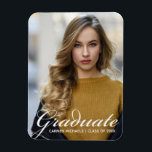 Chic White Script Overlay Modern Graduate Photo Magnet<br><div class="desc">Graduate is written in simple white script over your senior portrait photo for a modern graduation announcement magnet. Customize with your name and high school or university class year under the cursive typography. A beautiful magnetic card.</div>