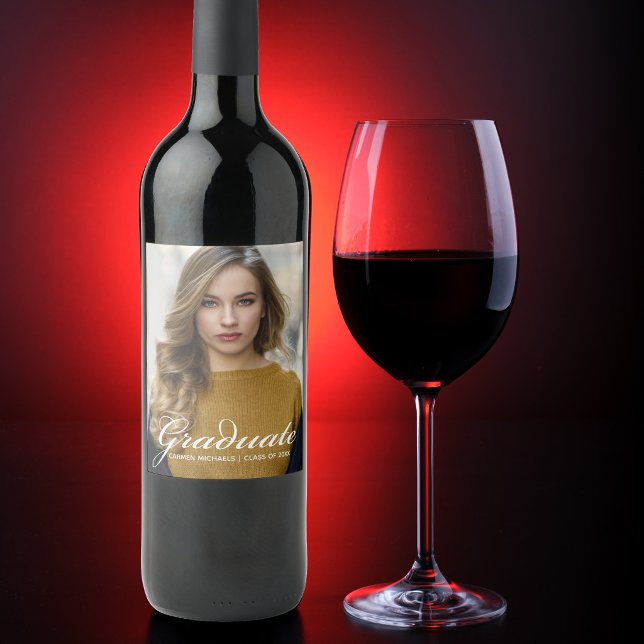 Chic White Script Overlay Modern Graduate Photo Wine Label (Creator Uploaded)