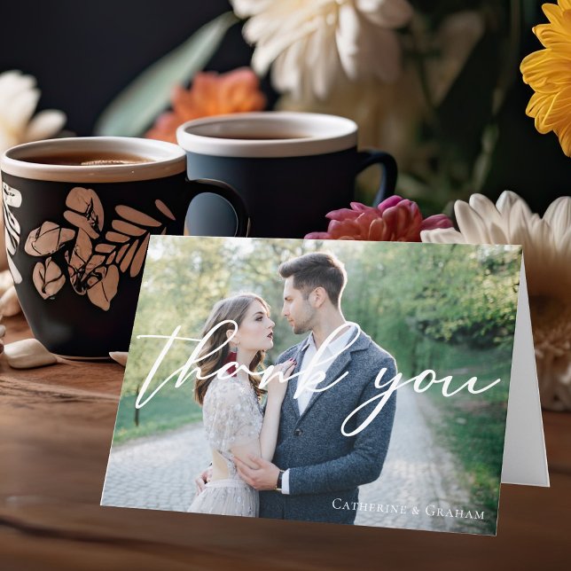 Chic White Script Overlay Wedding Photo Thank You Card (Creator Uploaded)