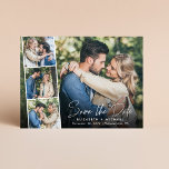 Chic White Script Photo Wedding Save the Date Announcement Postcard<br><div class="desc">Chic save the date announcement postcard that features your engagement photo overlayed with a strip of three smaller square photos and "Save the Date" in a stylish white script. Add your first names, wedding date and location in simple modern white typography. On the reverse side, personalize your save the date...</div>