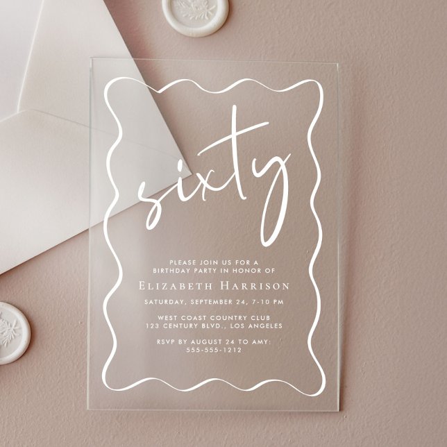 Chic White Script Wavy Frame 60th Birthday Party Acrylic Invitations (Creator Uploaded)