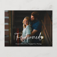 Chic White Script Wedding Postponed Announcement