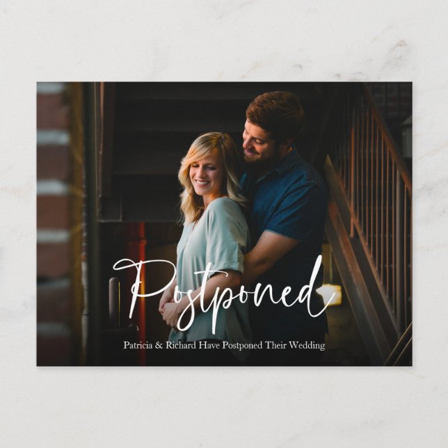Chic White Script Wedding Postponed Announcement Postcard (Front)