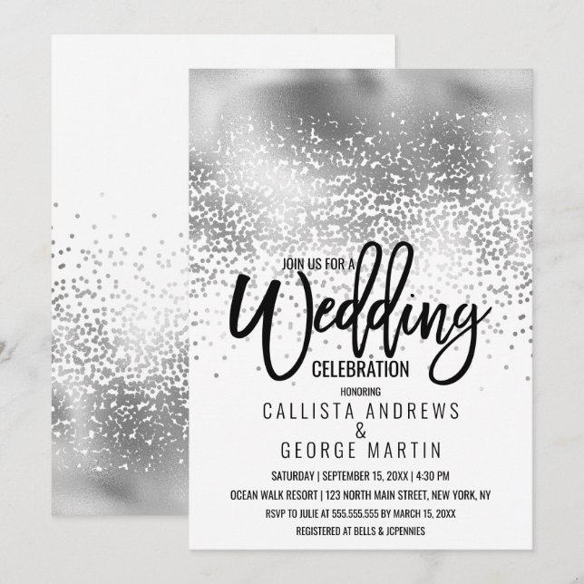 Chic White Silver Foil Confetti Ombre Wedding Invitation (Front/Back)