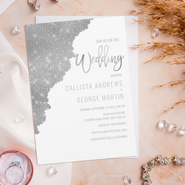 Chic White Silver Glitter Colour Block Wedding Invitation (Creator Uploaded)