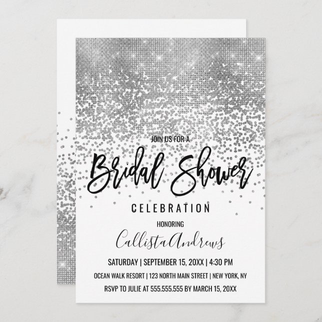 Chic White Silver Glitter Confetti Bridal Shower Invitation (Front/Back)