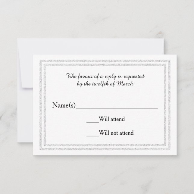 Chic White Silver Glittered Trim - RSVP Card (Front)