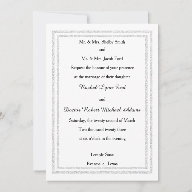 Chic White Silver Glittered Trim -Wedding Invition Invitation (Front)