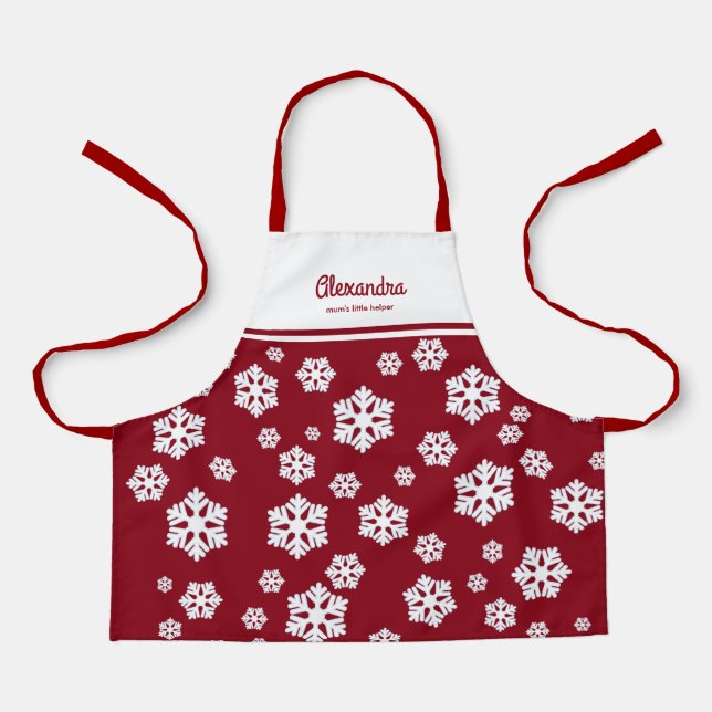 Chic White Snowflakes Nordic Pattern on Dark Red Apron (Front)