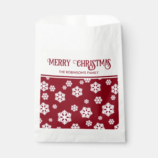 Chic White Snowflakes Nordic Pattern on Dark Red C Favour Bag (Front)