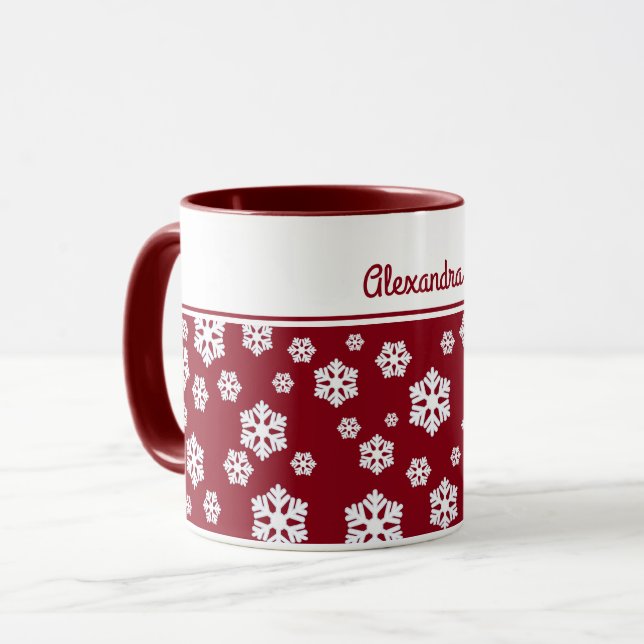Chic White Snowflakes Nordic Pattern on Dark Red Mug (Front Left)
