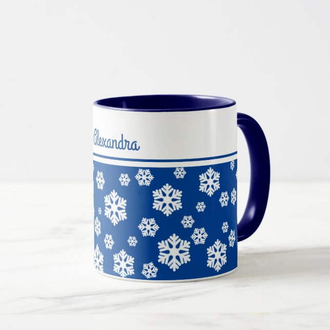 Chic White Snowflakes Nordic Pattern on Navy Blue Mug (Front Right)