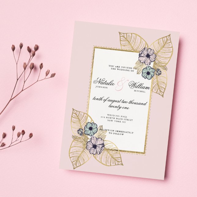 Chic white tropical gold pink mint floral wedding invitation (Chic white tropical gold pink mint floral wedding)