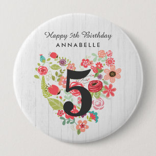 Chic White Wood & Whimsical Floral Happy Birthday 4 Inch Round Button