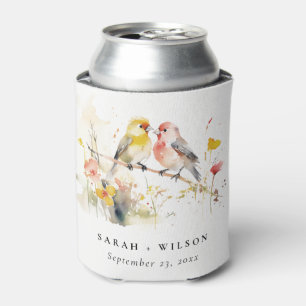 Chic Wild Botanical Watercolor Love Birds Wedding Can Cooler