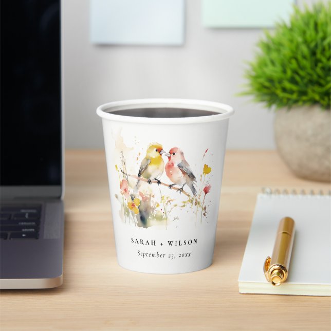 Chic Wild Botanical Watercolor Love Birds Wedding Paper Cups (Insitu)