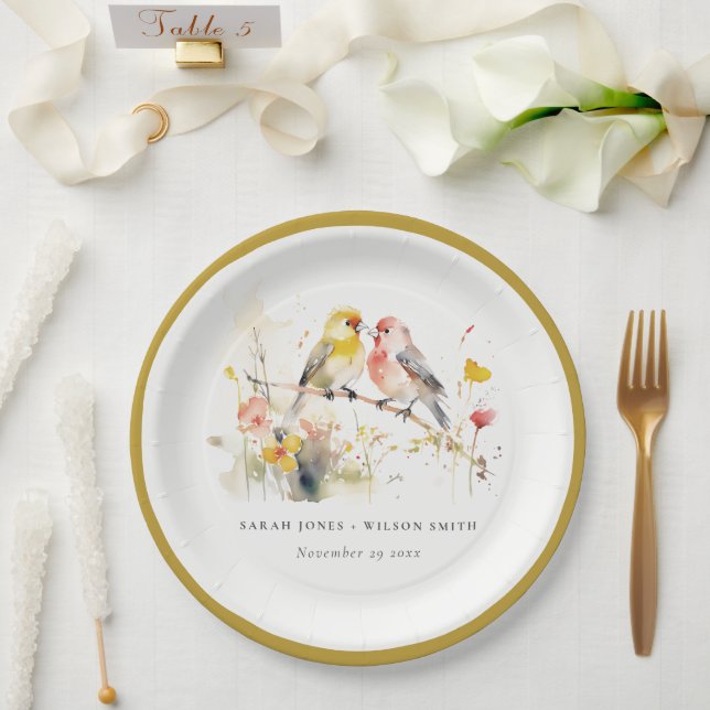 Chic Wild Botanical Watercolor Love Birds Wedding Paper Plate (Wedding)