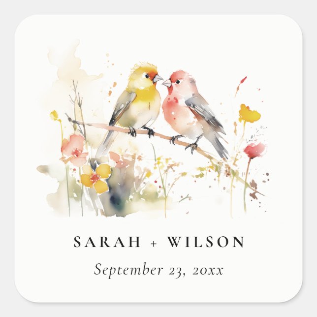 Chic Wild Botanical Watercolor Love Birds Wedding Square Sticker (Front)
