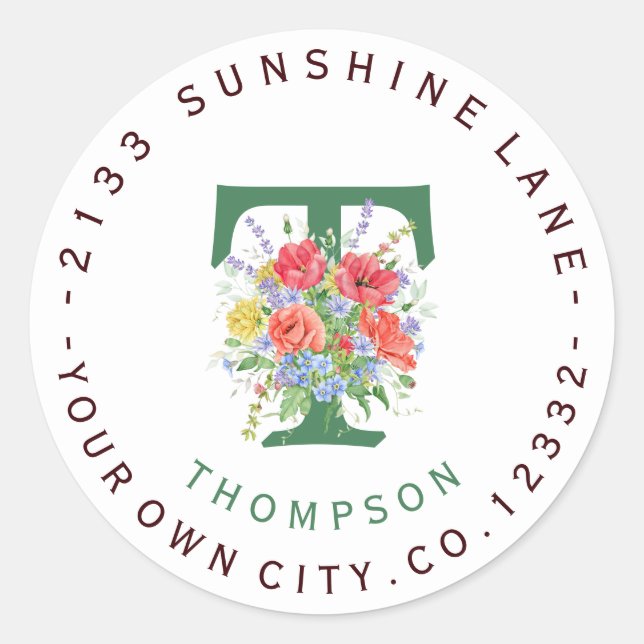 Chic Wild Flowers Monogram Circular Address Label (Front)