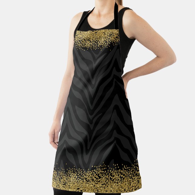 Chic Wild Zebra Pattern Gold Glitter-Look Confetti Apron (Insitu)