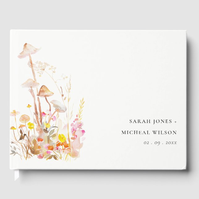 Chic Wildflower Mushroom Autumn Botanical Wedding Guest Book (Front)