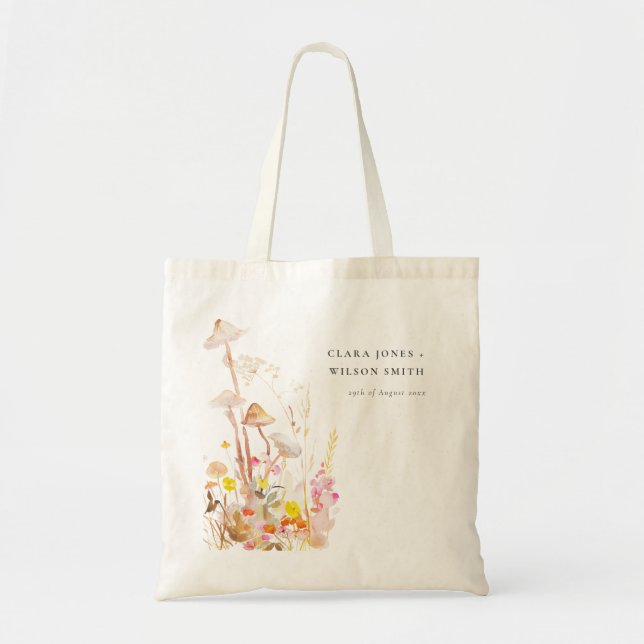 Chic Wildflower Mushroom Autumn Botanical Wedding Tote Bag (Front)