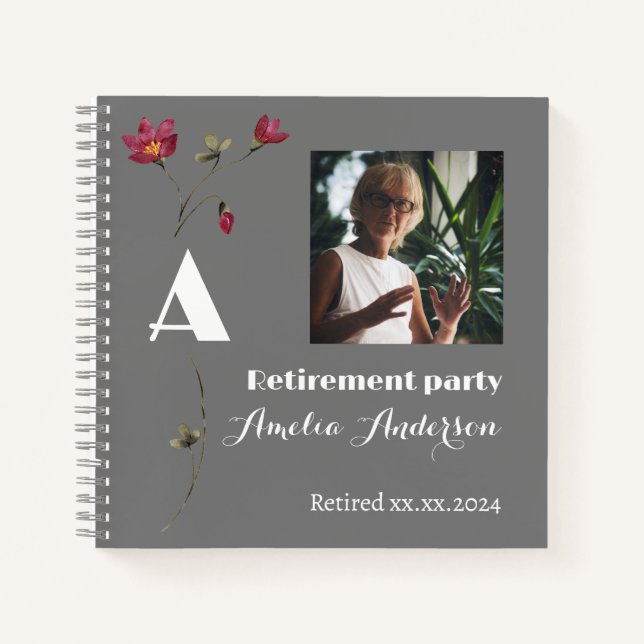 Chic wildflower photo retirement grey guest book (Front)