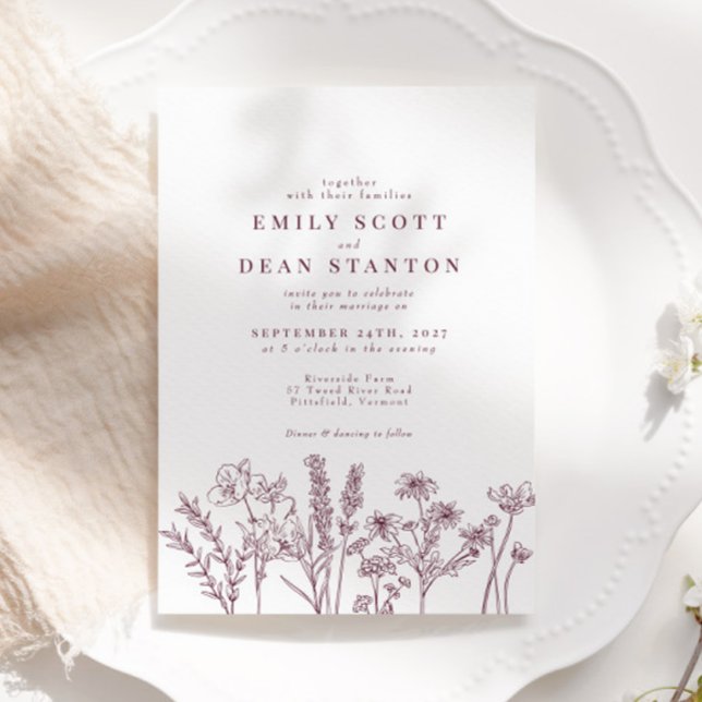 Chic Wildflower Plum Burgundy Wedding Invitation (Creator Uploaded)
