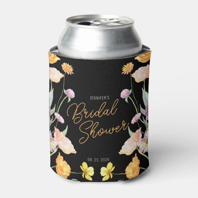 Chic Wildflower Script Bridal Shower Can Cooler (Can Front)