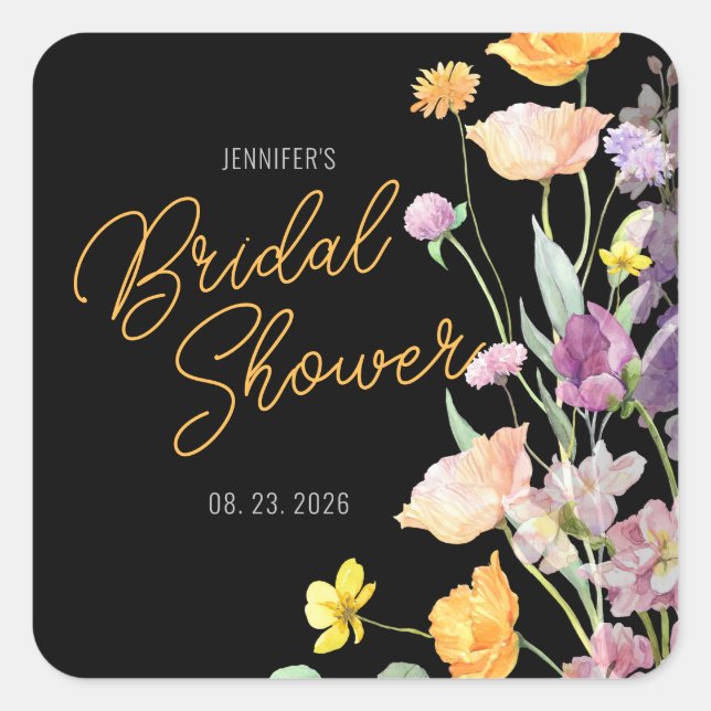 Chic Wildflower Script Bridal Shower Square Sticker (Front)