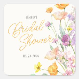 Chic Wildflower Script Bridal Shower Square Sticker