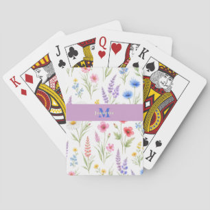 Chic Wildflower Watercolor Floral Monogram Name Playing Cards