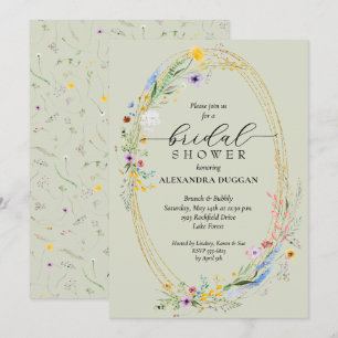 Chic Wildflower Wreath Sage Green Bridal Shower Invitation