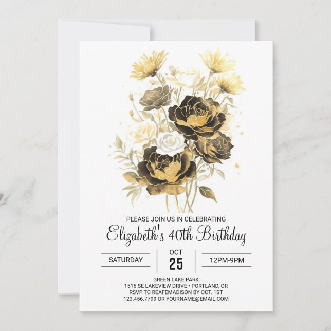 Chic Wildflowers Gold and Black 30th Birthday Invitation (Front)
