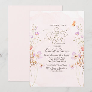 Chic Wildflowers Pink Watercolor Sweet 16 Invitation