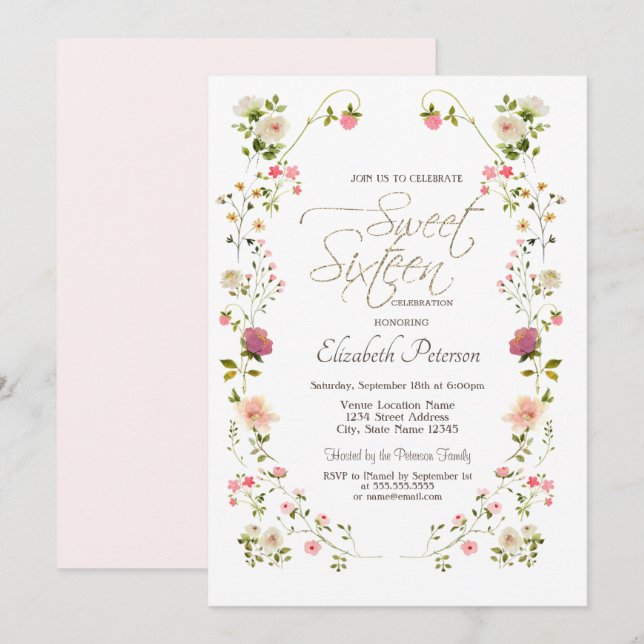 Chic Wildflowers Sweet 16 Invitation (Front/Back)