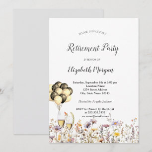 Chic Wildflowers  Wine Glas Ballons Retirement  Invitation