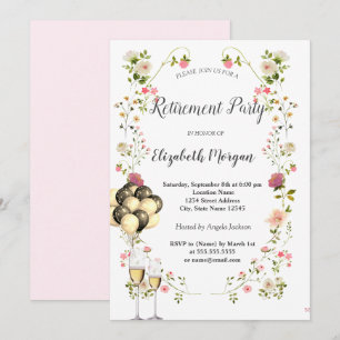 Chic Wildflowers  Wine Glass Balloons Retirement  Invitation