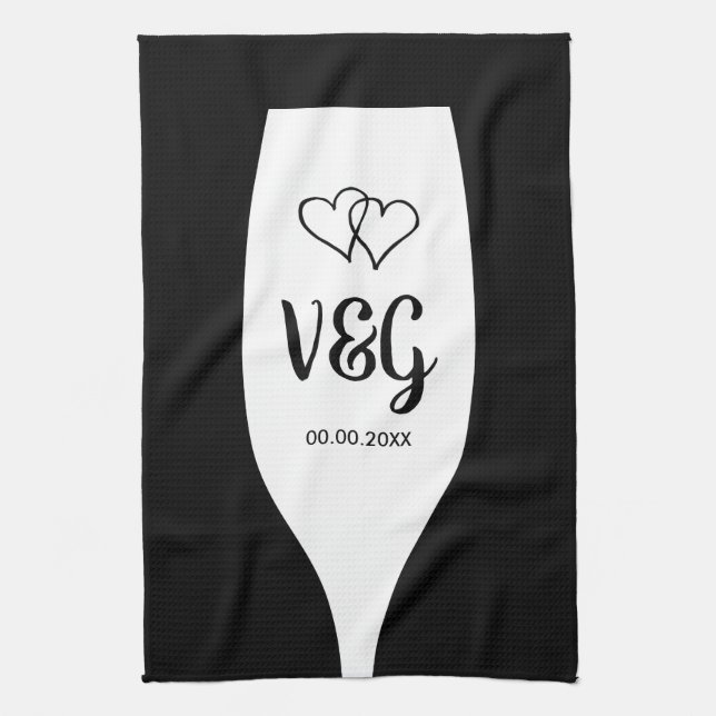 Chic wine glass monogram wedding favor kitchen kitchen towel (Vertical)