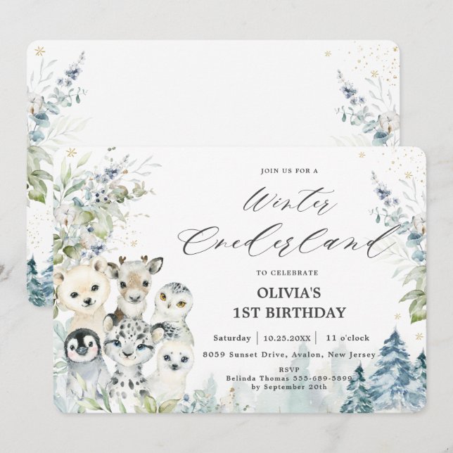 Chic Winter Arctic Animals Onederland 1st Birthday Invitation (Front/Back)