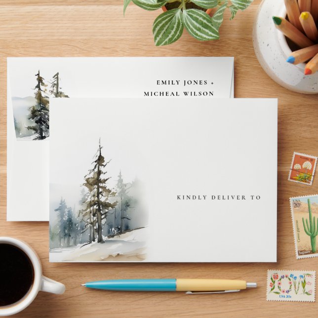 Chic Winter Pine Trees Snow Landscape Wedding Envelope (Desk)