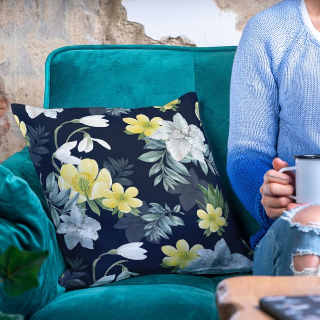 Chic Winter Snowdrop Anemone Floral Pattern Throw Pillow (Creator Uploaded)