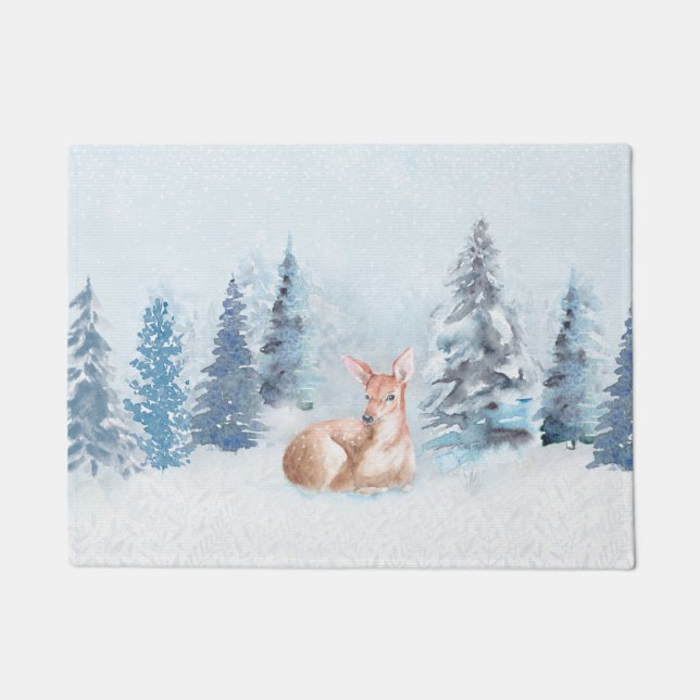 Chic Winter Watercolor Deer in Forest Doormat (Front)