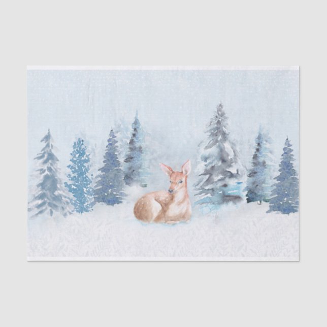 Chic Winter Watercolor Deer in Forest Tissue Paper (Front)