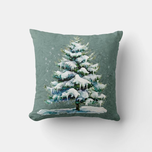 Chic Winter Watercolor Snowy Spruce Tree Monogram Throw Pillow (Front)