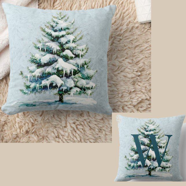 Chic Winter Watercolor Snowy Spruce Tree Monogram Throw Pillow (Creator Uploaded)