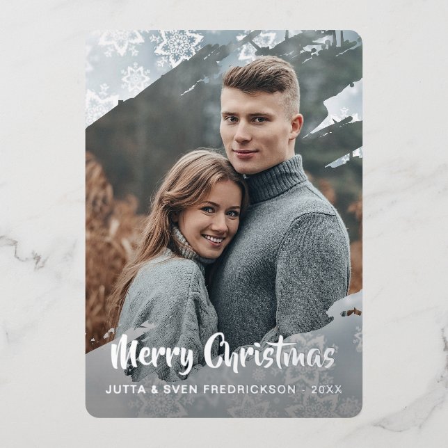 Chic Winter Wonderland Snow Pattern Silver Gold Foil Holiday Card (Front)