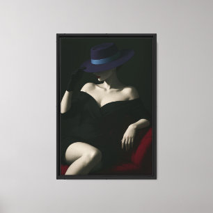 Chic Woman in Black Dress with Purple Hat Canvas Print