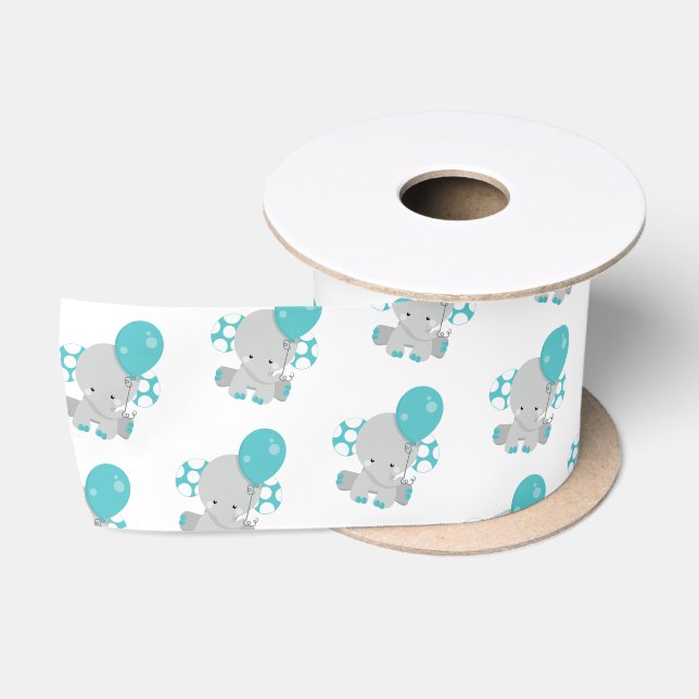 Chic Wood Teal Elephant Gender Neutral Baby Satin Ribbon (Spool)