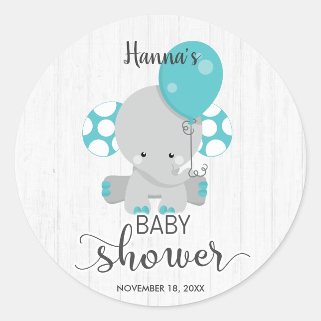 Chic Wood Teal Elephant Gender Neutral Baby Shower Classic Round Sticker (Front)
